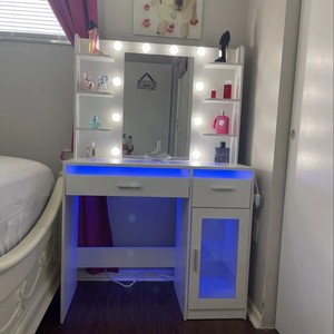 Ensemble <span class=keywords><strong>de</strong></span> coiffeuse moderne en bois blanc avec miroir LED coloré et éclairage, meubles <span class=keywords><strong>de</strong></span> chambre à coucher, coiffeuse antique - Product Image 6