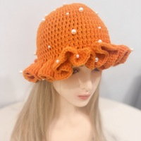 PARTYMENT Gorro de pescador de punto con borde con volantes hecho a mano Gorro de ganchillo con perlas decoradas