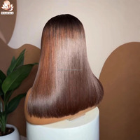 Peluca de cabello humano Remy vietnamita virgen con cutícula alineada, lisa, sin pegamento, con encaje frontal HD suizo, color 1B/marrón ombré.