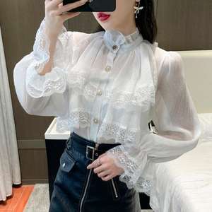 <span class=keywords><strong>Camicetta</strong></span> da donna elegante Chic <span class=keywords><strong>con</strong></span> <span class=keywords><strong>volant</strong></span> <span class=keywords><strong>con</strong></span> collo largo maniche svasate pesanti top in tessuto a maglia traspirante Patchwork di pizzo - Product Image 2