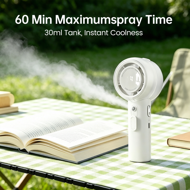 2-in-1 Hydrating Mini Plastic Mist Cooling Handheld Portable Fan USB Rechargeable Touch Control 2000mAh Battery Digital Display