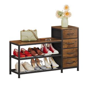 SENYU Industrial Style <b>Shoe</b> <b>Rack</b> with 3 Shelves and 4 Drawers Wood and Metal Entryway Storage Bench Modern Home Furniture - Product Image 2