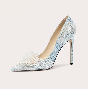 Zapatos de Novia de Cristal de Alta Calidad con Tacón de Aguja, Decoración de Perlas y Diamantes de Imitación, Cierre Deslizante, para Todas las Temporadas - Product Image 1