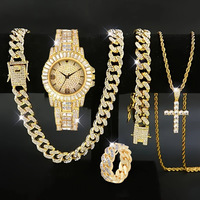 Ensemble de 5 montres de luxe pour hommes, serties de pierres, avec collier chaîne cubaine en or, bracelet, bague et pendentif croix – Montres tendance pour hommes