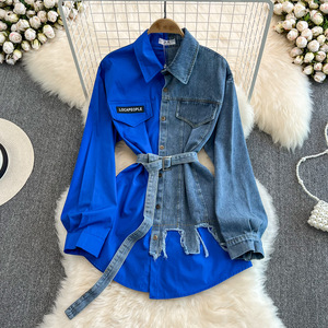 Modieuze Vintage Denim <span class=keywords><strong>Blouses</strong></span> Tops Lange Mouwen Slanke Taille Contrast Damesshirts Casual Patchwork Elegante Jeans Tops - Product Image 6