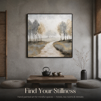Peinture à l'huile sur toile Paysage de sentier en forêt brumeuse neutre et sereine pour la décoration du salon et de la salle à manger