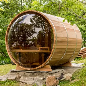 Cheap Canada Outdoor Pine Wood/Cedar Panoramic Barrel Sauna Room With Wood Stove