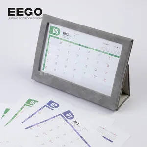 Conjunto de caixa de presente para escritório 2024, 2025, luxuoso, cinza, verde, couro PU, calendário de mesa personalizado de 365 dias com impressão de logotipo