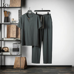 Erkek Günlük 2 Parça Pamuklu Eşofman Takımı-Hızlı Kuruyan Örme Yazlık Fitness Tişört ve Pantolon - Product Image 3