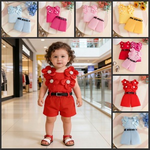 Ensemble 3 pièces pour filles de 0 à 3 <span class=keywords><strong>ans</strong></span>, haut sans manches en tricot tridimensionnel à imprimé floral, short et <span class=keywords><strong>ceinture</strong></span>, décontracté pour l'été - Product Image 2