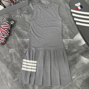 Vestido Midi de Verano para Mujer, Cuello Redondo, Tejido de Algodón, Diseño Geométrico Plisado, Clásico, Casual, Sin Mangas, con Cuatro Rayas - Product Image 5