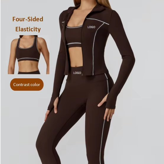 Custom Contrast Color Yoga Suit with Zipper; Close-fitting Yoga Fitness Suit; Casual Running Sport Three-piece Suit.