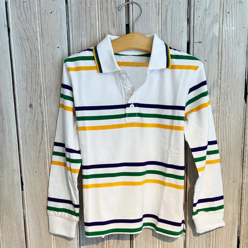 Cotton Little Kids Mardi Gras Apparel Thin Striped White Long Sleeve Toddler Baby Boys Polo Shirt