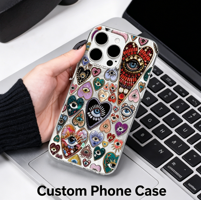 Colorful Evil Eye Hearts Bohemian Print Phone Case for iphone 15 Pro Max Case, Shockproof Protective Cover Custom Phone case