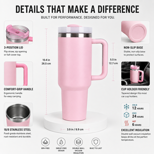 Le Gobelet Isotherme FLOWSTATE 40oz en Acier Inoxydable à Double Paroi, Isolation Sous Vide, Portable, Rose, avec Poignée et Couvercle, Idéal pour les Fêtes - Product Image 4