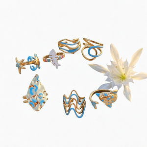 Anillo Abierto de Acero Inoxidable Chapado en Oro de 18K con Esmalte Azul, Diseño de Estrella de Mar, Cola de Ballena y Espina de Pescado, Resistente al Agua, Regalo de Verano XH - Product Image 1