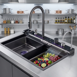 Fregadero de Cocina Multifuncional de Acero Inoxidable 304 con Estilo Cascada y Grifos de Agua Fría y Caliente, Apto para la Cocina - Product Image 1