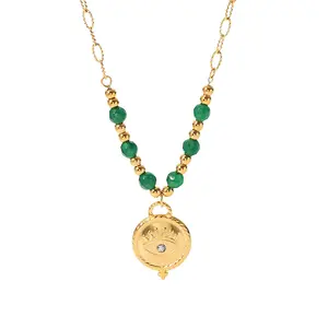 Statement 18K Gold Plated Stainless Steel Necklace with Disc Eye Pendant Chic Green Bead Non Tarnish Necklace for Women