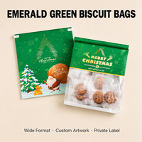 Sacs à biscuits de Noël vert émeraude avec fenêtre transparente, fermeture à lien métallique, pochette autoportante pour biscuits, bonbons, noix et café, logo imprimé