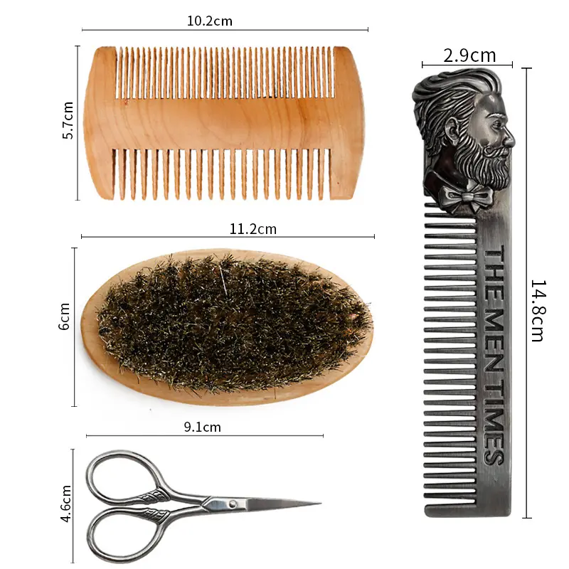 Solid Wood Beard Brush Comb Set Beard Scissors Grooming Kit Shaving Brush For Men, Natural Boar Bristle Men Shaving Brush Set