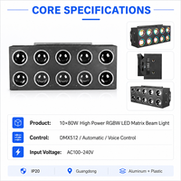 Luz de haz LED RGBW de 10x80W 1000W con matriz de 2x5, doble anillo, DMX512, control por voz automático, Ra80, 50000h para clubes, conciertos, DJ, escenarios y fondos de pared