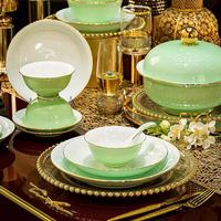 Service de vaisselle en porcelaine de luxe vert émeraude avec bordure dorée, 60 pièces, pour la maison, les mariages et les banquets