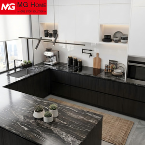 Ensemble de meubles de <span class=keywords><strong>cuisine</strong></span> modernes et minimalistes en noir mat avec îlot et comptoirs en quartz artificiel pour les développements contemporains - Product Image 2