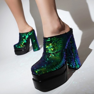 Bling Sequins Dress High Heel Shoes Closed Square Toe Summer Thick Heel Platform <b>Sandals</b> for Ladies Women Big Size 43 - Product Image 1