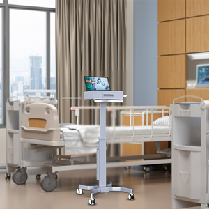 Chariot de travail moderne pour hôpital, en aluminium gris, avec 4 roues silencieuses et ressort à gaz, pour ordinateur portable et moniteur - Product Image 6