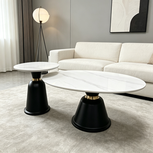 Ensemble de tables basses gigognes rondes modernes avec plateau en marbre, design minimaliste pour salon, base blanche - Product Image 4