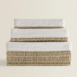 Woven <b>Storage</b> <b>Basket</b> Set Rectangle Linen Fabric Three Piece Size With Lid For Desktop Cosmetic Snack Underwear Organizer - Product Image 1