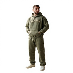 Conjunto de Sudadera con Capucha y Pantalones Deportivos para Hombre, Color Verde Oliva, Estilo Oversize, Lavado Ácido, Algodón Grueso, Ropa Deportiva Urbana, Marca Privada Personalizada - Product Image 1