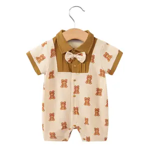 Wholesale Custom High Quality Unisex Double Zipper 100% Organic Cotton Baby Rompers Short Sleeve Baby Jumpsuits