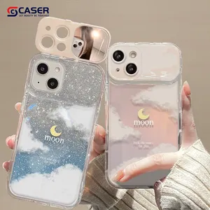 Glitter Laser Moon Cloud Keychain Mobile Phone Case With Bell Bracelet Good Filp Mirror Stand Phone Shell For Iphone 15 14 13