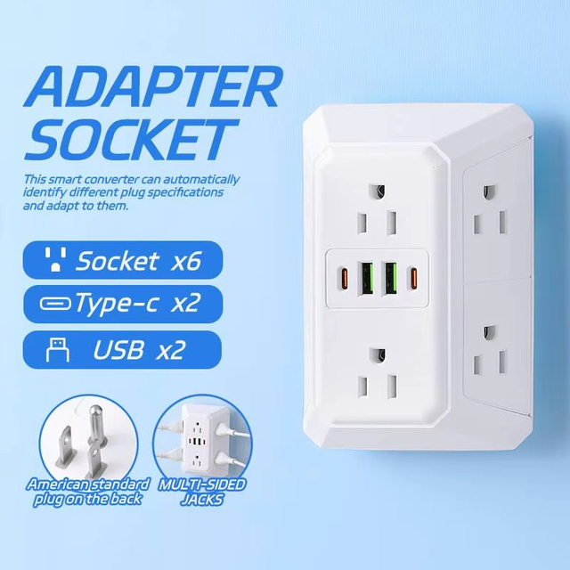 US Plug Power Strip 6 AC Outlets 2 USB Ports 2 Type C,Wall Mount Surge Protector with Network Filter Fast Charging for Household