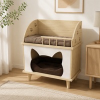 Maisonnette pour animaux en bois personnalisée 2-en-1 : Perchoir pour chat et niche pour petit chien, entrée en forme de tête de chat, pieds robustes, lit d'intérieur pour animaux
