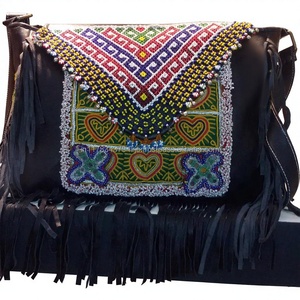 Vintage Indian Style Ethnic Bohemian Genuine Leather <b>Envelope</b> Crossbody Bag with Zipper Closure and Tassels - Product Image 3