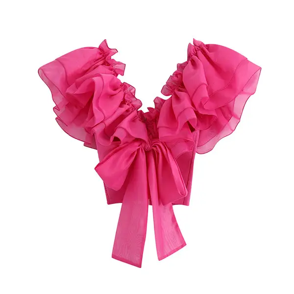 A255 New Sweet Organza Ruffles Bowknot Slim Waist Thin Sweater Ladies Hot Pink Autumn Knitwear Tops Clothing