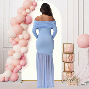Vestido de <span class=keywords><strong>Maternidad</strong></span> Elegante de Manga Larga con Hombros Descubiertos, Ajustado, de Punto con Malla y Parches, Colección Primavera 2025 Europea y Americana - Product Image 2