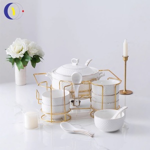 White Ceramic Stockpot Set with Lid Phnom Penh Design Heated Gold Rack Embossed Elegant <b>Dinnerware</b> - Product Image 6