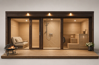 Suite de sauna extérieur avec salle de douche, salon de relaxation et terrasse en bois