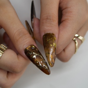 Ongles en acrylique à presser, forme amande longue, <span class=keywords><strong>papillon</strong></span> 3D, feuille d'or, motif végétal, design personnalisable pour fête/rendez-vous/banquet/usage quotidien - Product Image 6