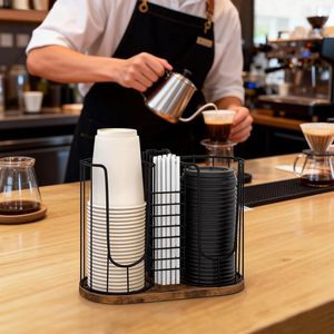 Organizador de Tazas y Tapas de <span class=keywords><strong>Caf</strong></span>é de 3 Compartimentos con Base de Madera, Dispensador de Metal Negro Vintage para Barra, Mostrador u Oficina - Product Image 1