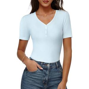 Chemise Henry pour femmes, manches courtes, coupe ajustée, décontractée, col en V, respirante, tricotée, vêtements de mode d'été - Product Image 3