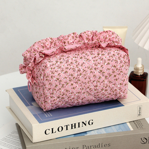 Custom Print Bow Zipper for Floral Cotton Women's Cute Travel Makeup <b>Storage</b> for <b>Bag</b> Ruffle <b>Quilted</b> Pouch - Product Image 5