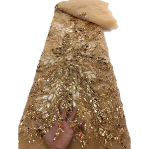 Tela de encaje bordado con lentejuelas de 125CM de ancho con tubos metálicos, cuentas de perlas y película dorada para Material de vestido de moda - Product Image 1