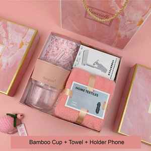 Customize Promotional Gifts for Business Events Cheap Option Glass Cup Sunflower Towel Phone Holder Girls Wedding <b>Pink</b> Gift Set - Product Image 2