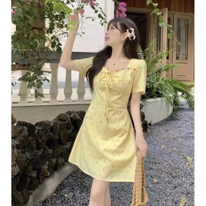 Yellow Floral Print Short Sleeve Dress Tie Neck Tummy Control Slim Fit Casual Daily Wear Women's Summer Dress - Product Image 4