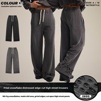 Celana Pria 100% Katun Ringan Sedang, Efek Cuci Salju Vintage, Pinggiran Robek, Potongan Lurus, Antibakteri, Bernapas, Gaya Kasual High Street
