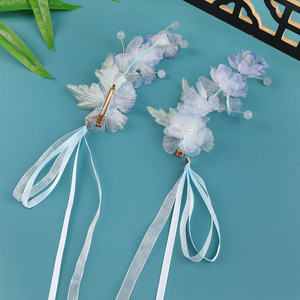 Hanfu Original Hecho a Mano 2026 en Estilo Antiguo, Seda Azul Claro, Versátil y Fresco, con Cintas Florales, Pinzas para el Cabello y - Product Image 3